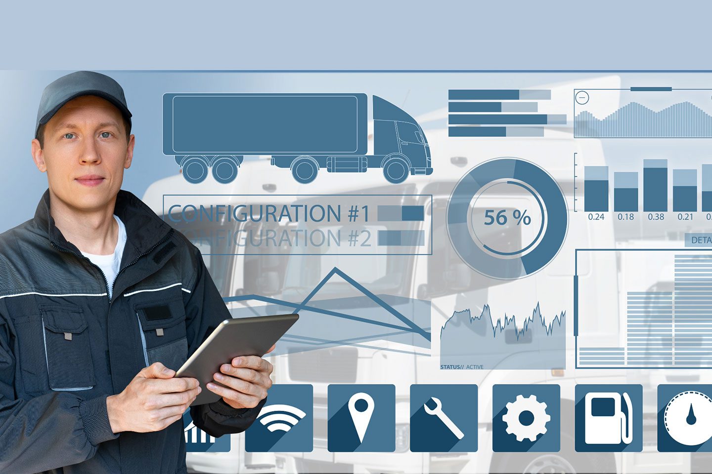Many with tablet over graphics of fleet maintenance, vehicles, and infographic icons.