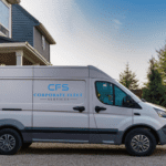 Branded Utility Commercial Business Fleet Van in front of house