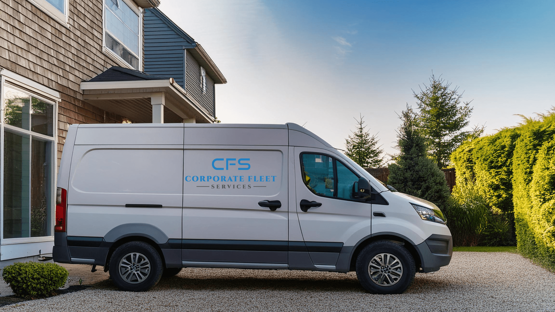 Branded Utility Commercial Business Fleet Van in front of house