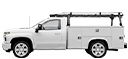 A Chevrolet Silverado work body with storage space and ladder rack.