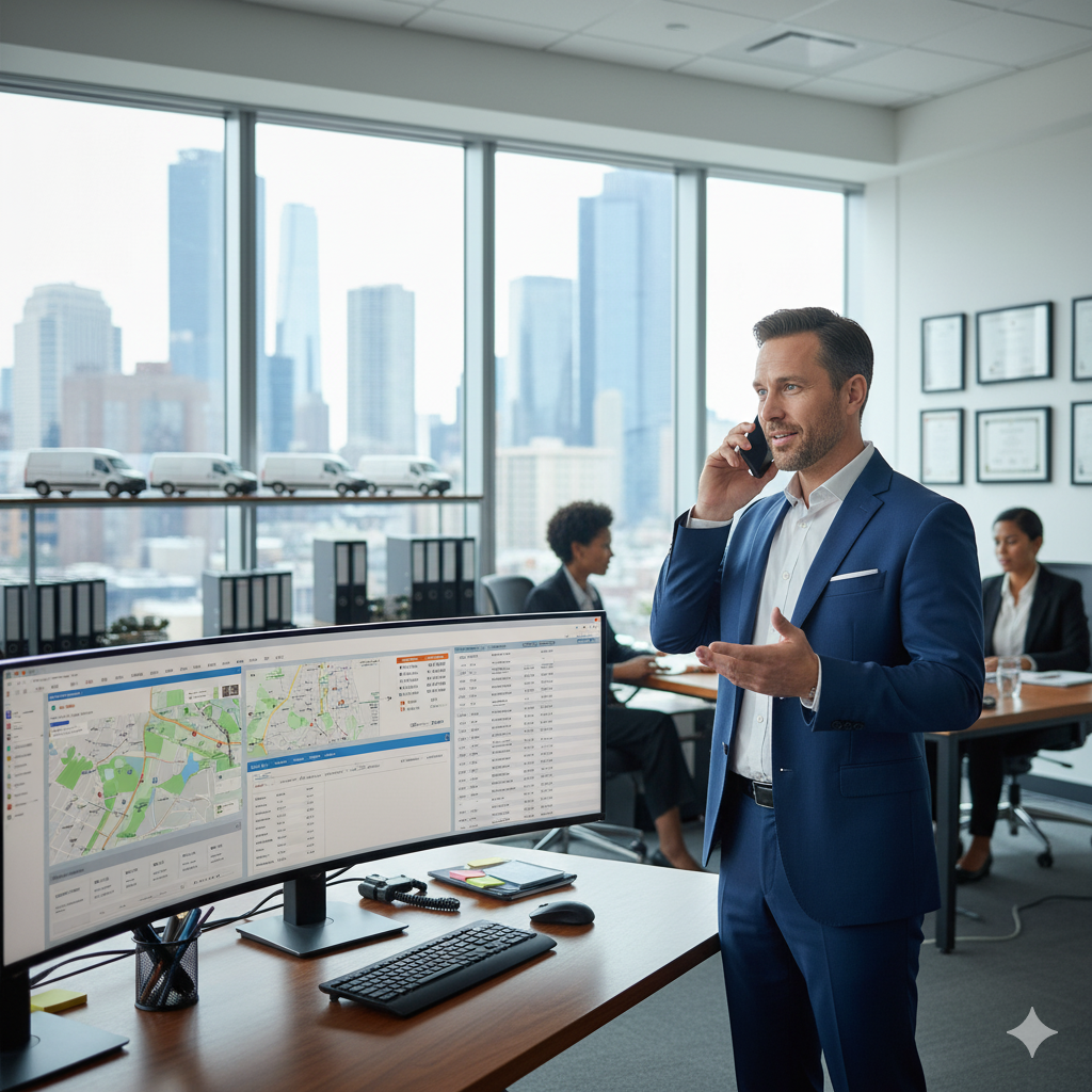 Fleet Salesman make a deal on the phone in his office.