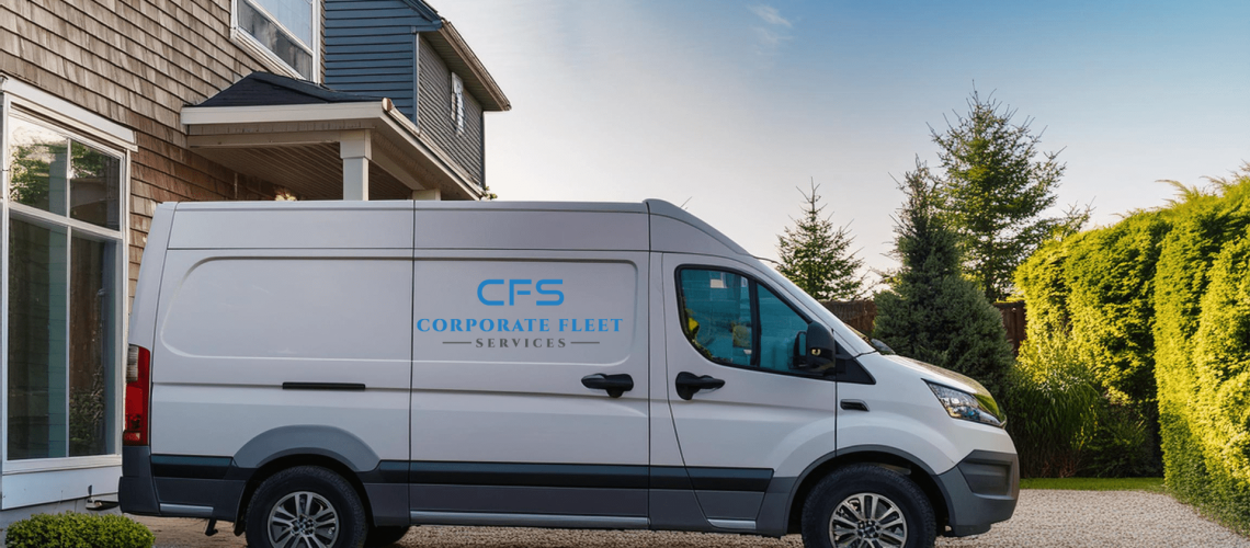 Branded Utility Commercial Business Fleet Van in front of house