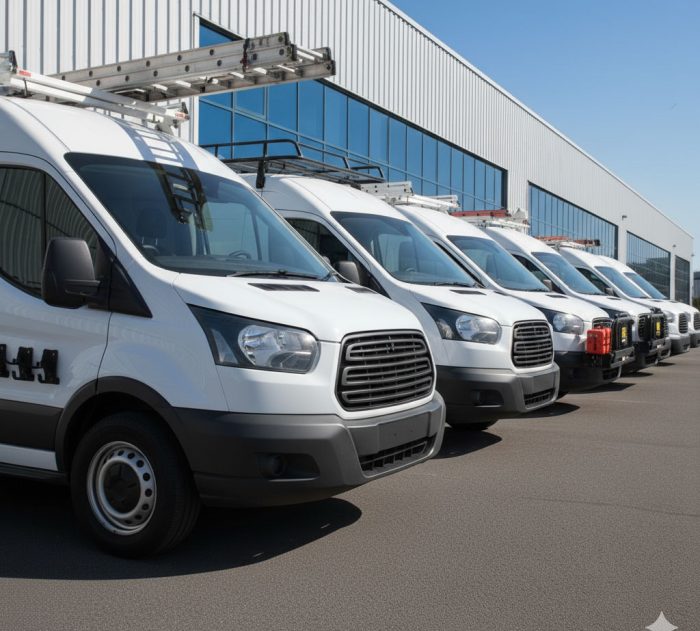 A row of various commercial vans with various upfits like ladder racks, tool mounts and front end cargo carriers